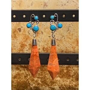 Sterling Silver, Red Jasper and Turquoise Earrings Dangle/Drop by CN
